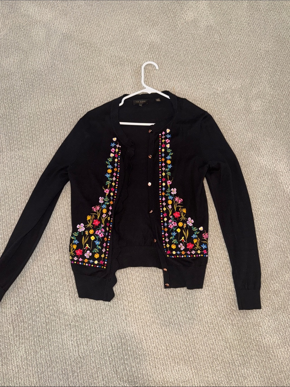 Ted Baker Black Floral Embroidered Button-Front Cardigan Sweater